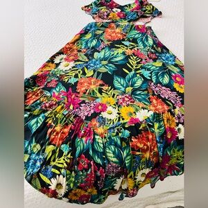 FARM Rio Floral Tropical Summer Print MIDI Ruffle Side Cutout Dress